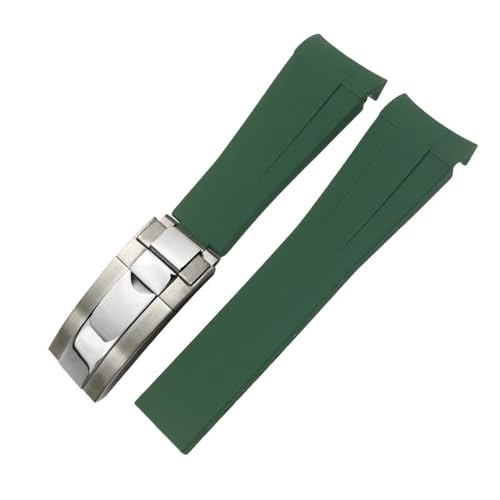 SERDAS Gummi-Uhrenarmband mit gebogenem Ende, 20 mm, 21 mm, 22 mm, für Rolex Submariner GMT Daytona Datejust Explorer 2, Silikon-Uhrenarmband(Green glossy silver,21mm) von SERDAS