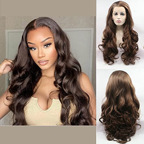 6# Dunkelbraune Perücke Welle Hitzebeständige Faser natürlich aussehende braune Farbe synthetische Spitze Front Perücken für Frauen Ersatz Cosplay Party tägliche Verwendung Drag Queen Perücken 24" von SERENEWIG