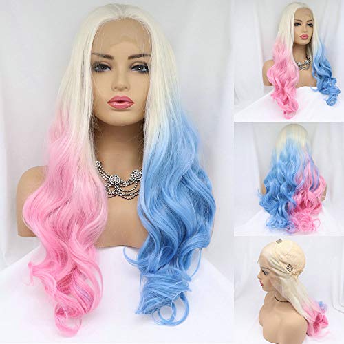 60 weißblonde Ombre-Perücken, halbrosa/blau synthetische Lace-Front-Perücke für Frauen Harley Quinn Perücke Cosplay synthetische realistisch aussehende, natürlich gewellte Ombre-Perücke hitzebeständig von SERENEWIG