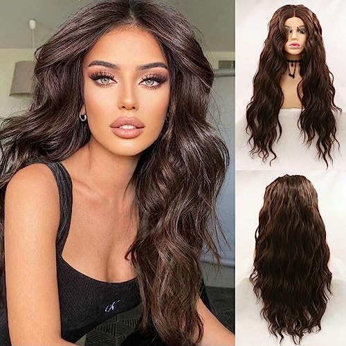 SERENEWIG 24" Natürliche Dunkelbraun Farbe Synthetische Spitze Front Perücken für Frauen Täglicher Gebrauch Damen Schokolade Braun Lange Wasser Welle/lose Welle Cosplay Party Ersatz Perücke Drag Queen von SERENEWIG