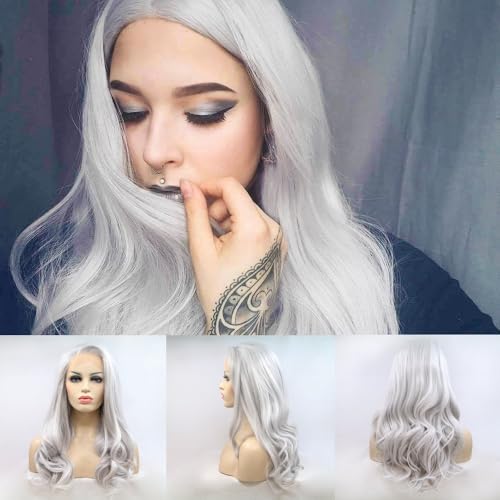 SereneWig 13x3" Vorgezupfte Perücke Lange Wellige Silber Grau Synthetische Spitze Front Perücken Hitzebeständige natürliche graue Haar Perücke für Frauen Tägliche Cosplay Party Gebrauch Perücke 24" von SERENEWIG