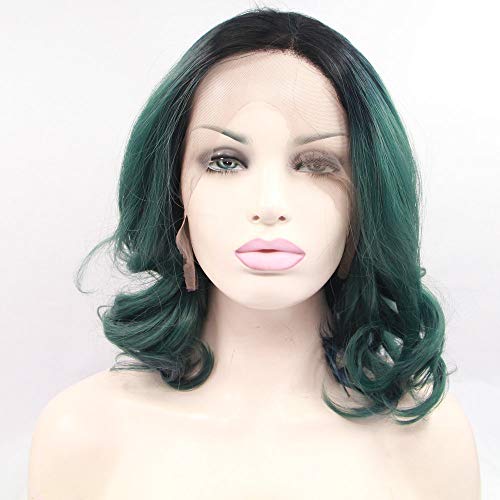 SereneWig 1B/Black Bob-Perücke mit Spitzenfront für Damen mit grünem Haar Ombre mit dunklem Ansatz lockere gelockte Seitenscheitel hitzebeständig Schulterlänge 36cm SereneWig 1B/Black Bob-Perücke mit Spitzenfront für Damen mit grünem Haar Ombre mit dunklem Ansatz lockere gelockte Seitenscheitel hitzebeständig Schulterlänge 36cm von SERENEWIG
