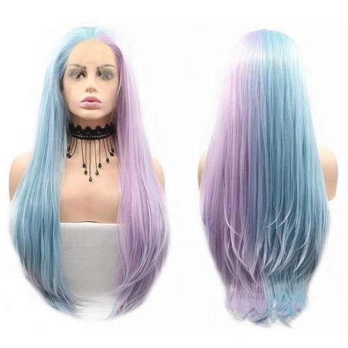 SereneWig 24" Lange gerade Pastell halb blau halb lila synthetische Spitze vorne Perücken für Frauen tägliche Verwendung hellblau lila hitzebeständige Haarperücken für Mädchen Party & Kostüm Perücken von SERENEWIG