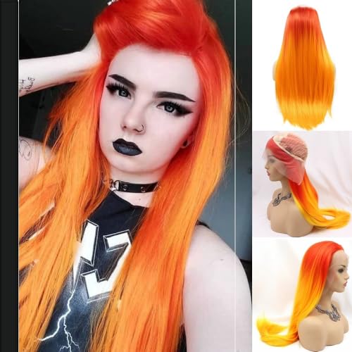 SereneWig 24" Long Straight 13x3" Front Lace Wig Orange Fire Color Wigs for Women Girls Cosplay Party Halloween Hot Red Orange Ombre Heat Resistant Fiber Wigs Net Wig Caps Included Middle Part von SERENEWIG