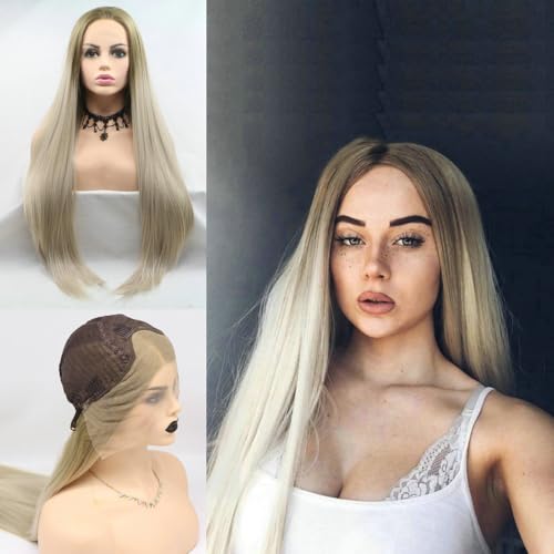 SereneWig 24" Long Straight Blonde Ombre Synthetic Lace Front Wigs for Women Daily Cosplay Use Golden Blonde Ombre with Brown Roots Heat Resistant Fiber Hair Replacement Party Wedding Wigs Middle Part von SERENEWIG