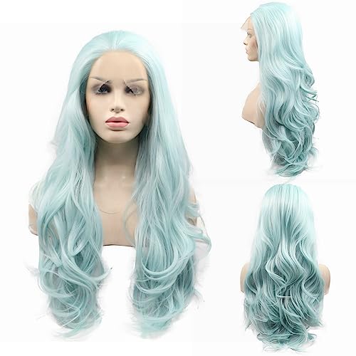 SereneWig 24" Pastell Gemischte Blaue Perücke Lange Welle Blau Synthetische Spitze Front Perücken Vorgezupft Natürliche Haarlinie für Frauen Hitzebeständige Faser Cosplay Tägliche Verschleißperücke von SERENEWIG