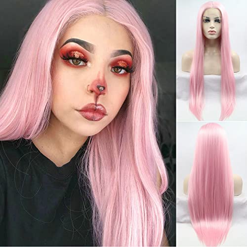 SereneWig Lange Gerade 13x3" Vorgezupfte Baby Rosa Synthetische Spitze Front Perücken für Frauen Tägliche Party Verwenden Pastellrosa Frauen Ersatz Perücken Hitzebeständige Perücken Drag Queen 24" von SERENEWIG