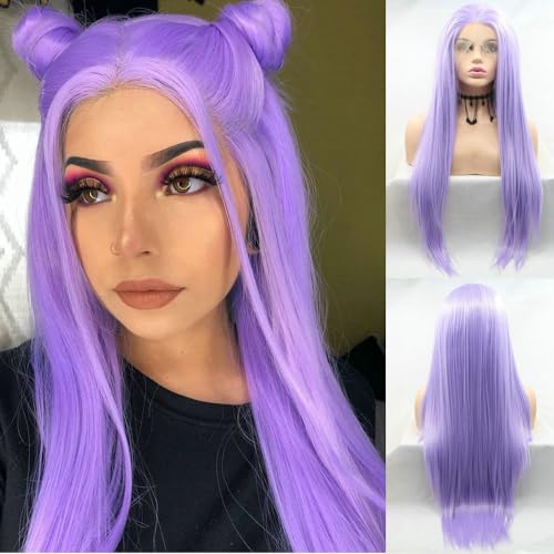 SereneWig Lange gerade Pastell Lila Synthetische Spitze Front Perücken für Frauen Täglicher Gebrauch Hitzebeständige Faser Lila Lila Farbe Halloween Cosplay Party Make-up Drag Queen Perücken von SERENEWIG
