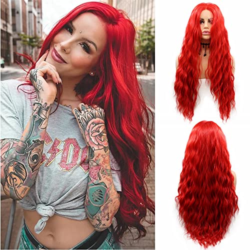 SereneWig Meerjungfrauen-Perücke lange Wasserwelle hellrot synthetische Lace-Front-Perücke für Frauen Cosplay Halloween Party Perücke hitzebeständig Hot Red Drag Queen 61 cm von SERENEWIG