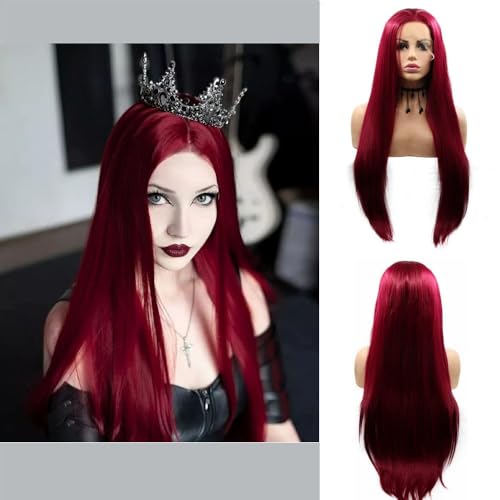 SereneWig Persische Rote Perücke 24" Lange Gerade Synthetische Spitze Front Perücke für Frauen Tägliche Tragen Cosplay Party Weihnachten Verwenden Burgunderrot Hitzebeständige Haar Perücke Freies Teil von SERENEWIG