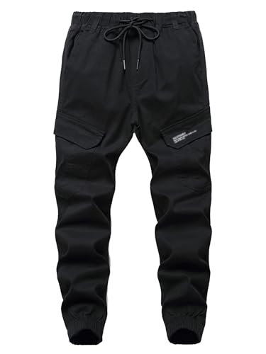 SERENYOU Cargohose für Jungen mit Elastischem Bund Kinder Joggerhose Freizeithose Schwarz DE: 152-158/Herstellergröße 150 von SERENYOU