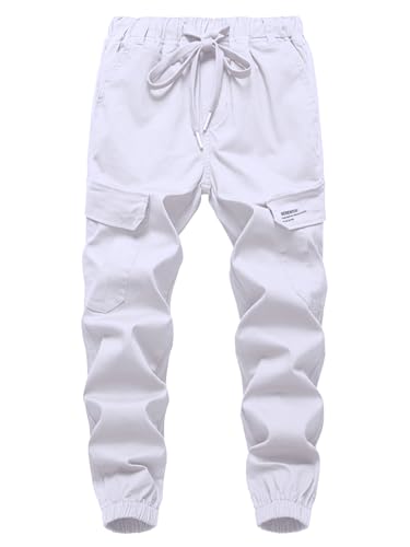 SERENYOU Cargohose für Jungen mit Elastischem Bund Kinder Joggerhose Freizeithose Weiß DE: 164-170/Herstellergröße 170 von SERENYOU