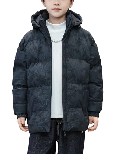 SERENYOU Jungen Camo Wintermantel Warm Winterjacke mit Kapuze Verdickt Kapuzenparka Schwarz 170 von SERENYOU