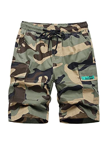 SERENYOU Jungen Cargo Shorts Kinder Kurze Hosen Elastische Sweatshorts Jungs Cargoshorts Sommer Freizeithose Armeegrüne Tarnung 164-170 von SERENYOU