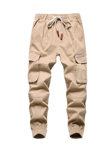 SERENYOU Jungen Cargohose Kinder Cargo Hose Jugendliche Freizeithose Jungs Jogginghose mit Elastischem Bund Khaki 122-128 von SERENYOU