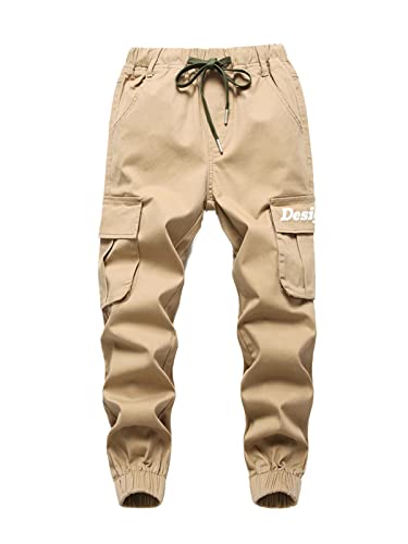 SERENYOU Jungen Cargohose Kinder Cargo Hose Jugendliche Freizeithose Jungs Jogginghose mit Elastischem Bund Khaki 146-152 von SERENYOU