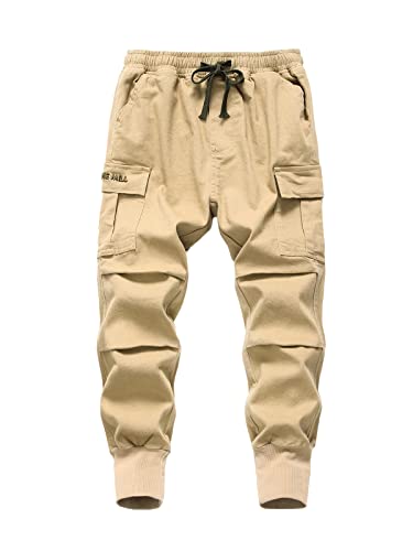 SERENYOU Jungen Cargohose Kinder Cargo Hose Jugendliche Freizeithose Jungs Jogginghose mit Elastischem Bund Khaki 146-152 von SERENYOU