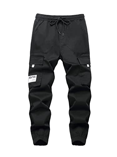 SERENYOU Jungen Cargohose Kinder Cargo Hose Jugendliche Freizeithose Jungs Jogginghose mit Elastischem Bund Schwarz 122-128 von SERENYOU