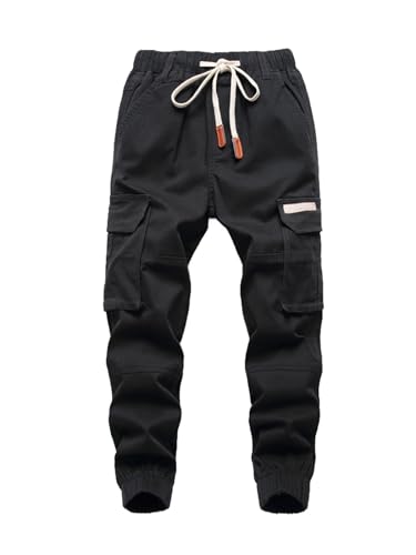 SERENYOU Jungen Cargohose Kinder Cargo Hose Jugendliche Freizeithose Jungs Jogginghose mit Elastischem Bund Schwarz 122-128 von SERENYOU