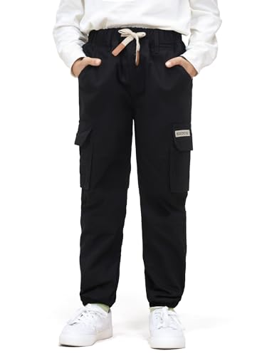 SERENYOU Jungen Cargohose Kinder Cargo Hose Jugendliche Freizeithose Jungs Jogginghose mit Elastischem Bund Schwarz 122-128 von SERENYOU