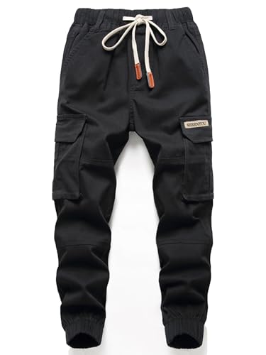 SERENYOU Jungen Cargohose Kinder Cargo Hose Jugendliche Freizeithose Jungs Jogginghose mit Elastischem Bund Schwarz 164-170 von SERENYOU