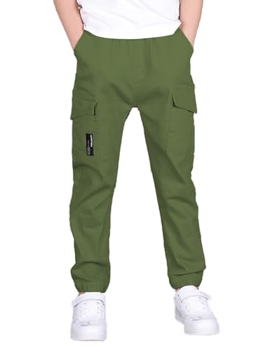 SERENYOU Jungen Cargohose Kinder Cargo Jogginghose Jugendliche Freizeithose Jungs Schlupfhosen Armeegrün 140 von SERENYOU