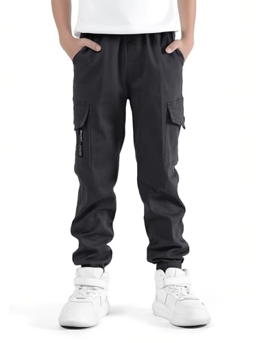 SERENYOU Jungen Cargohose Kinder Cargo Jogginghose Jugendliche Freizeithose Jungs Schlupfhosen Grau 130 von SERENYOU