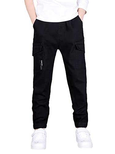 SERENYOU Jungen Cargohose Kinder Cargo Jogginghose Jugendliche Freizeithose Jungs Schlupfhosen Schwarz 130 von SERENYOU