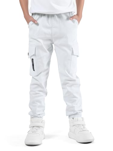 SERENYOU Jungen Cargohose Kinder Cargo Jogginghose Jugendliche Freizeithose Jungs Schlupfhosen Weiß 140 von SERENYOU