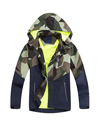 SERENYOU Jungen Gefütterte Regenjacke Kinder Camouflage Winddicht Übergangsjacke Mädchen Wasserdicht Windjacke Warm Wanderjacke Atmungsaktiv Softshelljacke Armeegrün 152-158 von SERENYOU