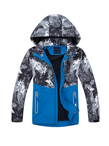 SERENYOU Jungen Gefütterte Regenjacke Kinder Camouflage Winddicht Übergangsjacke Mädchen Wasserdicht Windjacke Warm Wanderjacke Atmungsaktiv Softshelljacke Grau 116-122 von SERENYOU