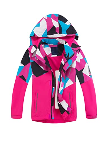 SERENYOU Jungen Gefütterte Regenjacke Kinder Camouflage Winddicht Übergangsjacke Mädchen Wasserdicht Windjacke Warm Wanderjacke Atmungsaktiv Softshelljacke Magenta 140-146 von SERENYOU