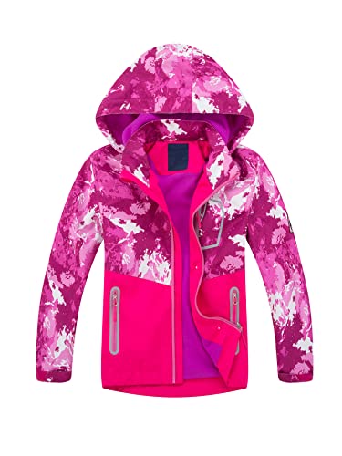 SERENYOU Jungen Gefütterte Regenjacke Kinder Camouflage Winddicht Übergangsjacke Mädchen Wasserdicht Windjacke Warm Wanderjacke Atmungsaktiv Softshelljacke Rose 128-134 von SERENYOU