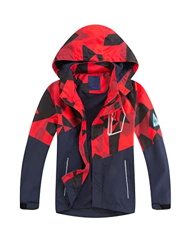 SERENYOU Jungen Gefütterte Regenjacke Kinder Camouflage Winddicht Übergangsjacke Mädchen Wasserdicht Windjacke Warm Wanderjacke Atmungsaktiv Softshelljacke Rot 140-146 von SERENYOU