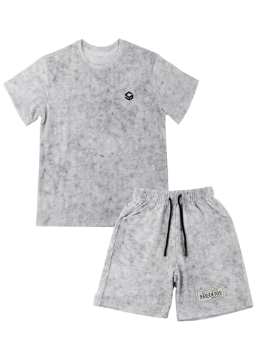 SERENYOU Kinder Batikmuster T Shirt Kurze Hosen Jungen Sommerbekleidungsset Kurzarm Sportanzug Weiß 130 von SERENYOU