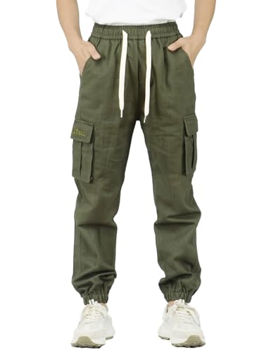 SERENYOU Kinder Cargohose Jungen Jogger Hose Elastischem Bund Jogginghose mit Seitentaschen Armeegrün 130 von SERENYOU