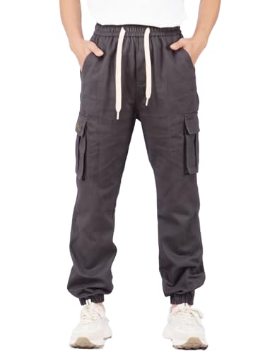 SERENYOU Kinder Cargohose Jungen Jogger Hose Elastischem Bund Jogginghose mit Seitentaschen Grau 130 von SERENYOU