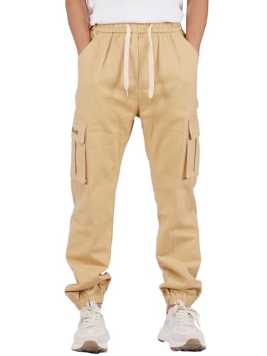 SERENYOU Kinder Cargohose Jungen Jogger Hose Elastischem Bund Jogginghose mit Seitentaschen Khaki 150 von SERENYOU