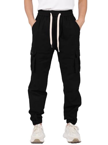 SERENYOU Kinder Cargohose Jungen Jogger Hose Elastischem Bund Jogginghose mit Seitentaschen Schwarz 130 von SERENYOU