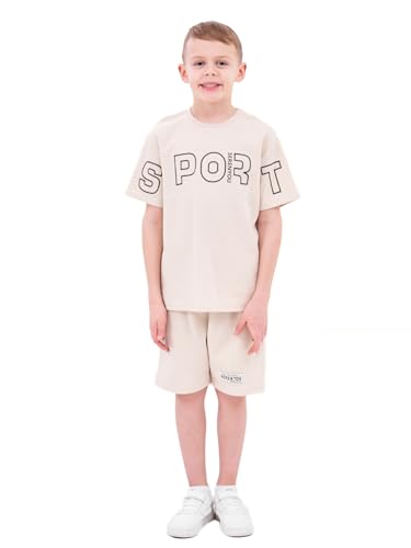 SERENYOU Kinder Sommer Bekleidungsset Jungen T Shirt Kurze Hosen Sportanzug Set Dunkelgrau 140 von SERENYOU