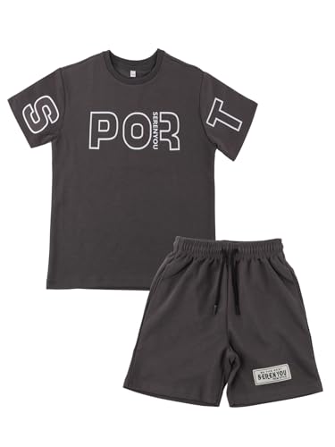 SERENYOU Kinder Sommer Bekleidungsset Jungen T Shirt Kurze Hosen Sportanzug Set Khaki 140 von SERENYOU