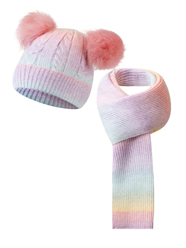 SERENYOU Kinder Winter Mütze Schal Set Jungen Mädchen Doppel Pompon Mütze mit dicken gestrickten warmen Schal Rosa von SERENYOU