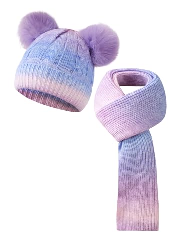 SERENYOU Kinder Winter Mütze Schal Set Jungen Mädchen Doppel Pompon Mütze mit dicken gestrickten warmen Schal Violett von SERENYOU