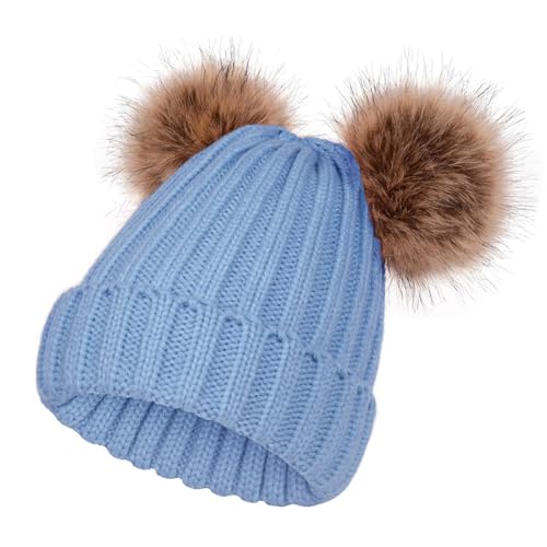 SERENYOU Kinder Wintermütze Mütze Double Pom Pom Kleinkind Jungen Mädchen warm gestrickt Bommelmütze Blau von SERENYOU