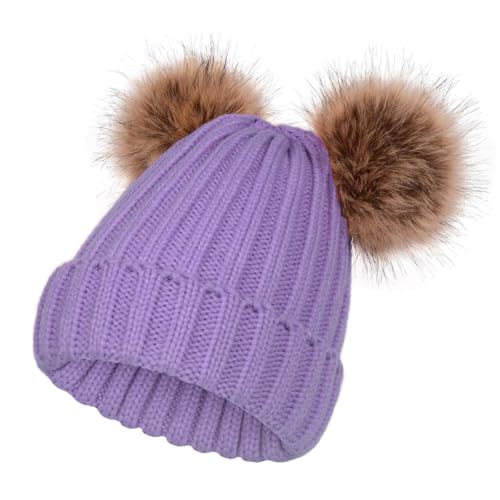 SERENYOU Kinder Wintermütze Mütze Double Pom Pom Kleinkind Jungen Mädchen warm gestrickt Bommelmütze Violett von SERENYOU