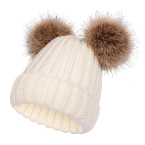 SERENYOU Kinder Wintermütze Mütze Double Pom Pom Kleinkind Jungen Mädchen warm gestrickt Bommelmütze Weiß von SERENYOU