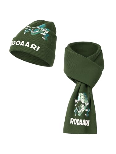 SERENYOU Wintermütze Schal Sets für Kinder Jungen Dinosaurier Strickmütze Warmer Strickschal 2 Stück Armeegrün von SERENYOU