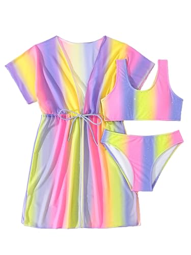 SERENYOU Mädchen Badeanzug Dreiteiliger Bikini Sets mit vertuschen Sommer farbenfrohe Bademode Lila 128-134, Größe 7-8 von SERENYOU