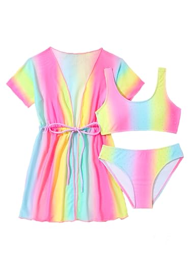 SERENYOU Mädchen Badeanzug Dreiteiliger Bikini Sets mit vertuschen Sommer farbenfrohe Bademode Rosa 110-116, Größe 3-4 von SERENYOU