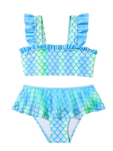 SERENYOU Mädchen Bikini Set Rüschen Bustier Bikinislip Meerjungfrau Zweiteiliger Badeanzug Blau 110-116 (Herstellergröße 3-4) von SERENYOU